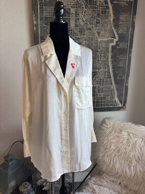 Size S - Anthropologie Cream Oversized Satin Sleep Shirt w/Embroidered Cherries